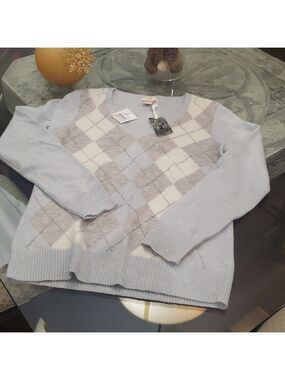 WOMEN'S ARGYLE LAMBSWOOL CABLEKNIT MEDIUM BOXY SWEATER NEW